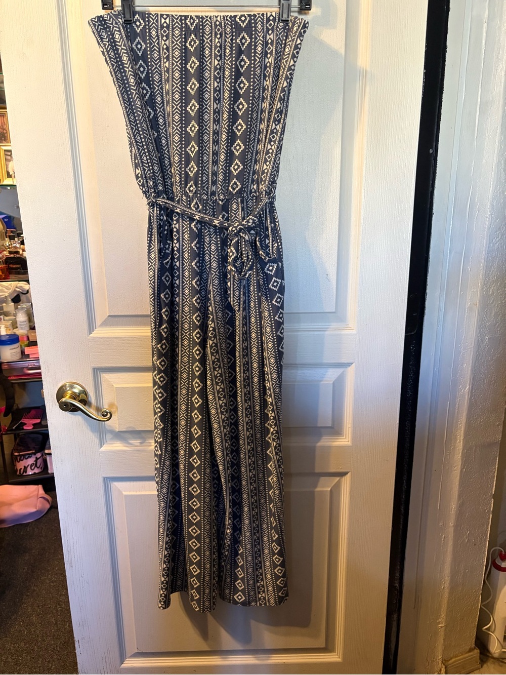 Derek Heart Navy and White Strapless Geometric Maxi Dress